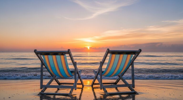 image of 2 chairs and sunrise at the beach in Bethany Beach