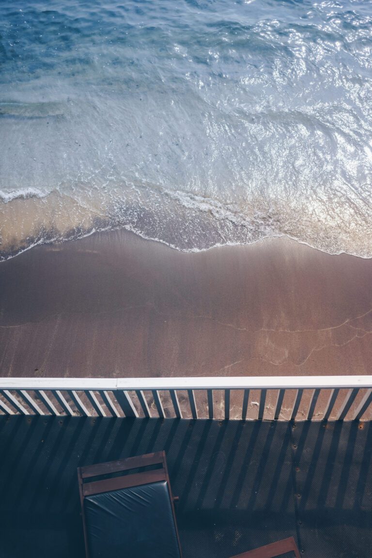 Image of a bethany beach luxury home rooftop view looking down at the beach and ocean.