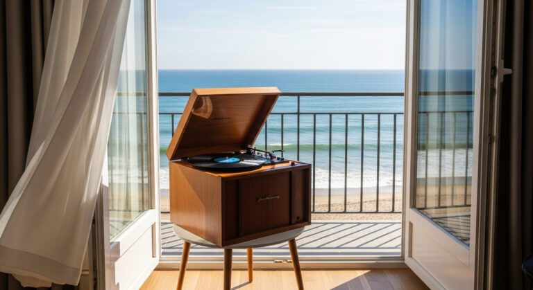 Image of bethany beach ocean view from a luxury home balcony, and a record player